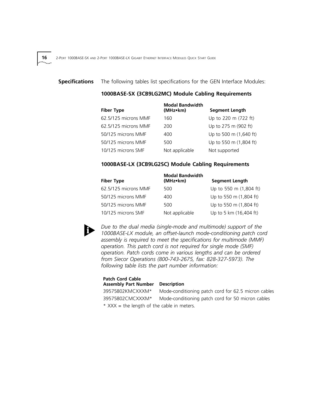 3Com quick start 1000BASE-SX 3CB9LG2MC Module Cabling Requirements, 1000BASE-LX 3CB9LG2SC Module Cabling Requirements 
