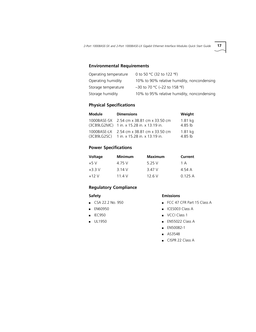 3Com 1000BASE-SX Environmental Requirements, Physical Specifications, Power Specifications, Regulatory Compliance 