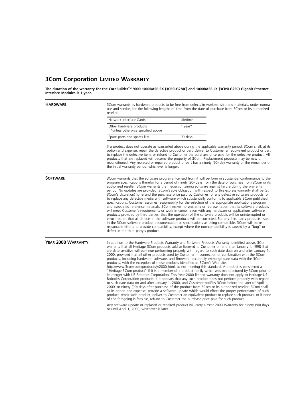 3Com 1000BASE-SX quick start Hardware, Software, Year 2000 Warranty 