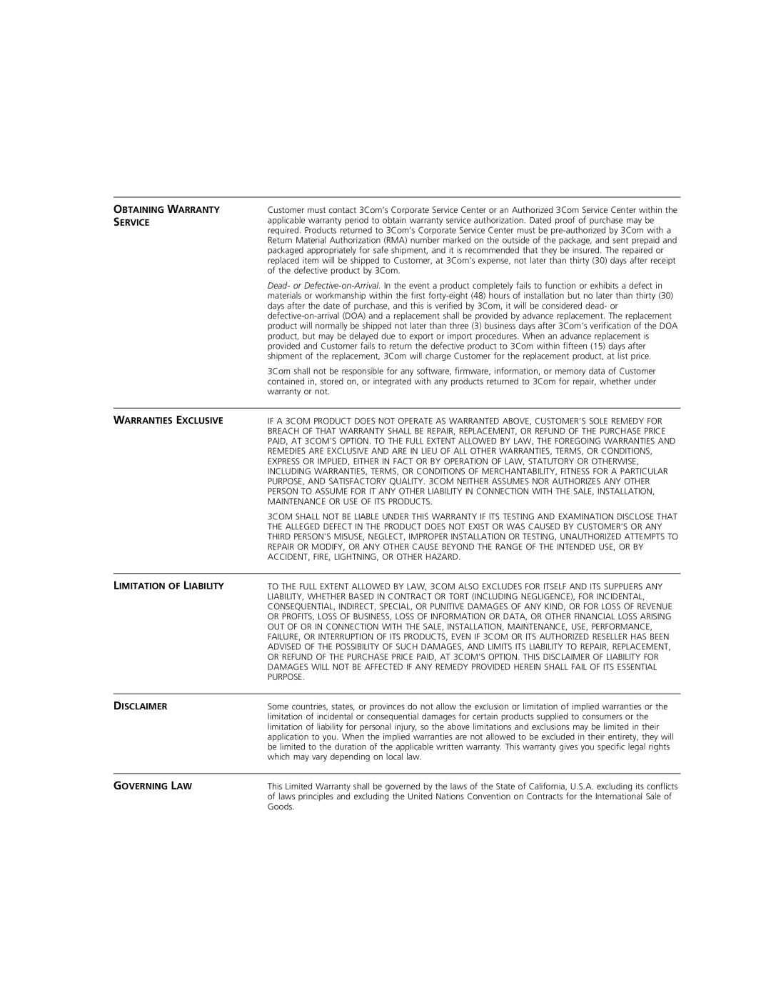 3Com 1000BASE-SX Obtaining Warranty Service, Warranties Exclusive, Limitation of Liability, Disclaimer, Governing LAW 