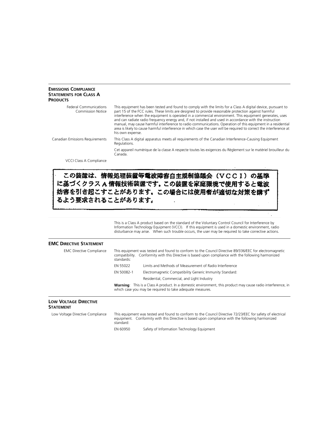 3Com 1000BASE-SX quick start Emissions Compliance Statements for Class a Products, EMC Directive Statement 