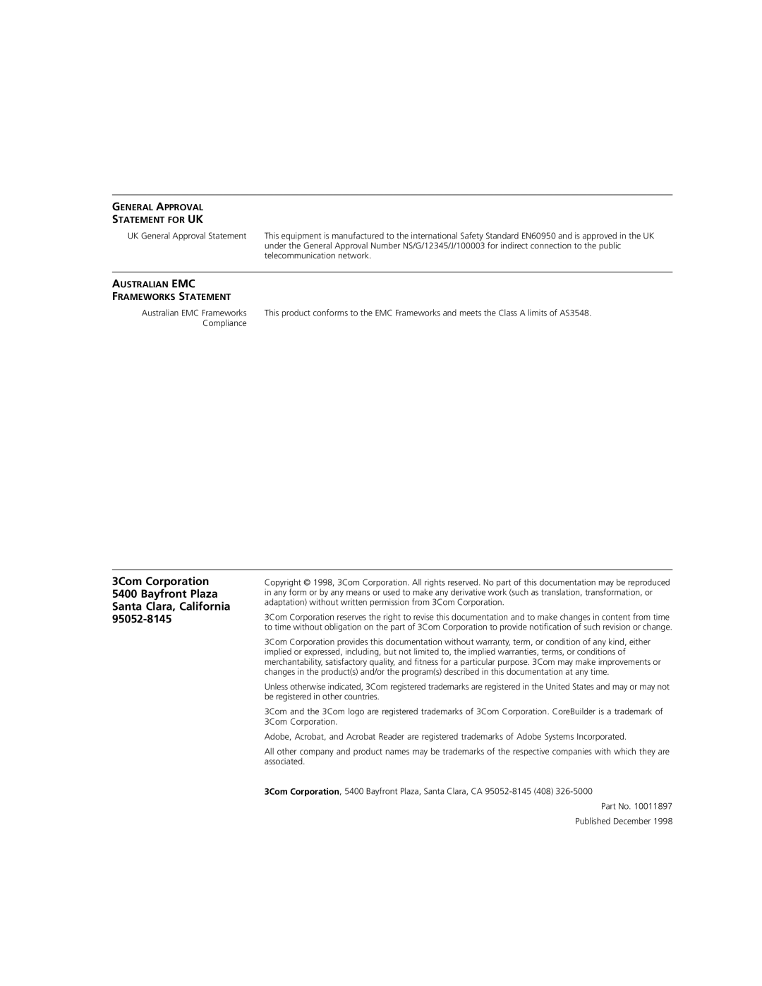 3Com 1000BASE-SX quick start General Approval Statement for UK, Australian EMC Frameworks Statement 