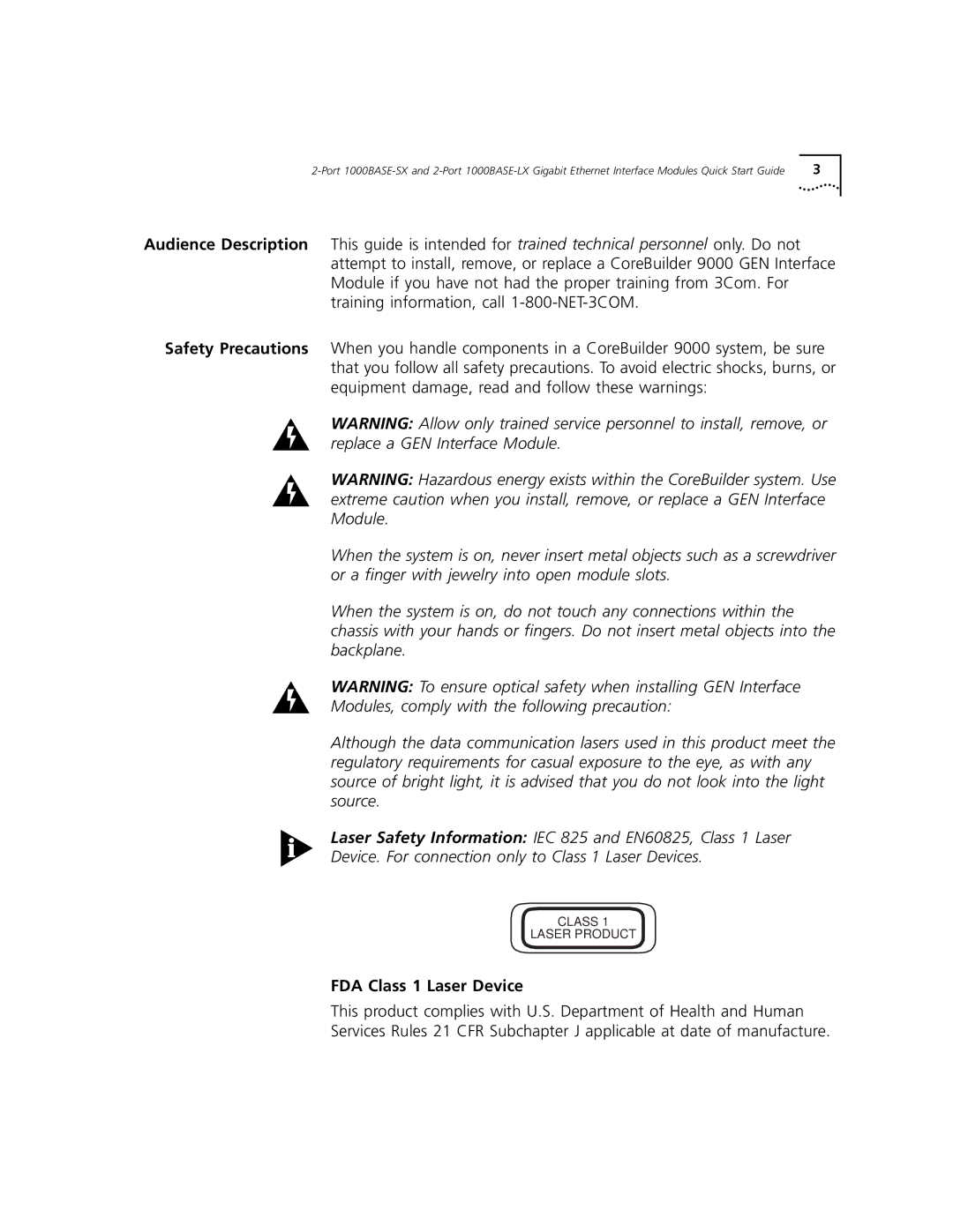 3Com 1000BASE-SX quick start FDA Class 1 Laser Device 