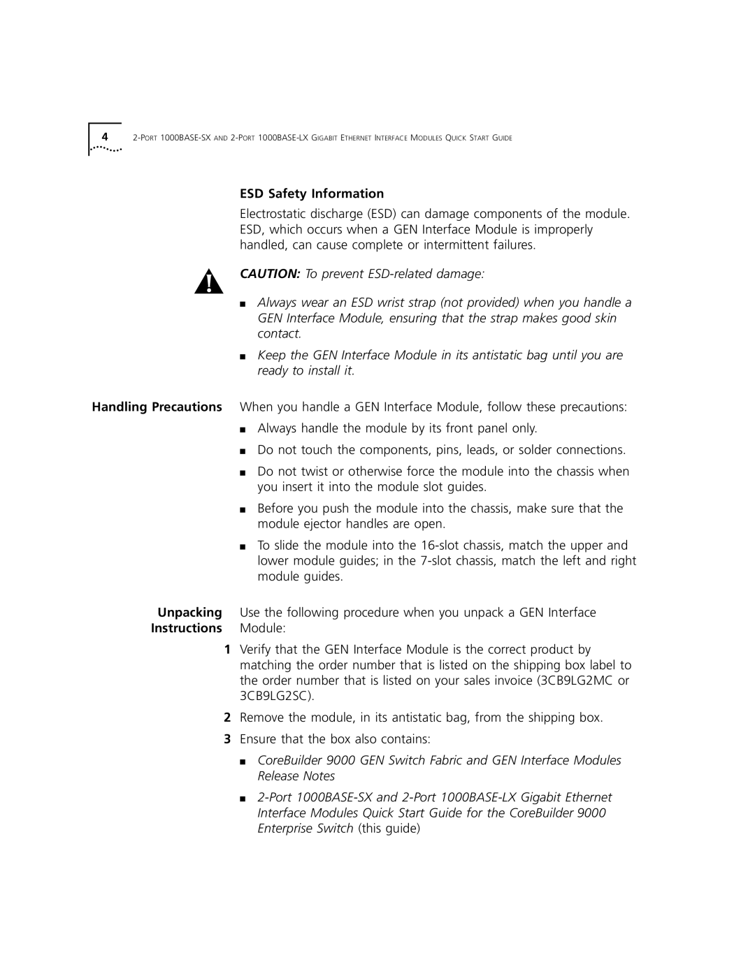 3Com 1000BASE-SX quick start ESD Safety Information 