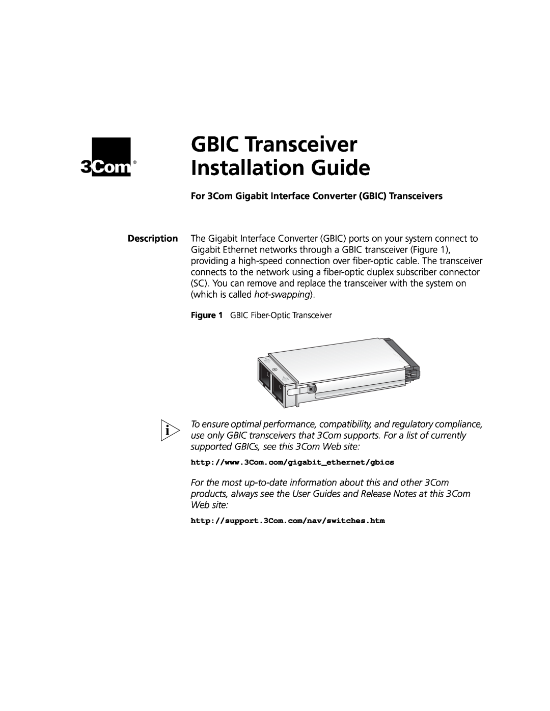 3Com 1000BASE-SX manual GBIC Transceiver Installation Guide, GBIC Fiber-OpticTransceiver 