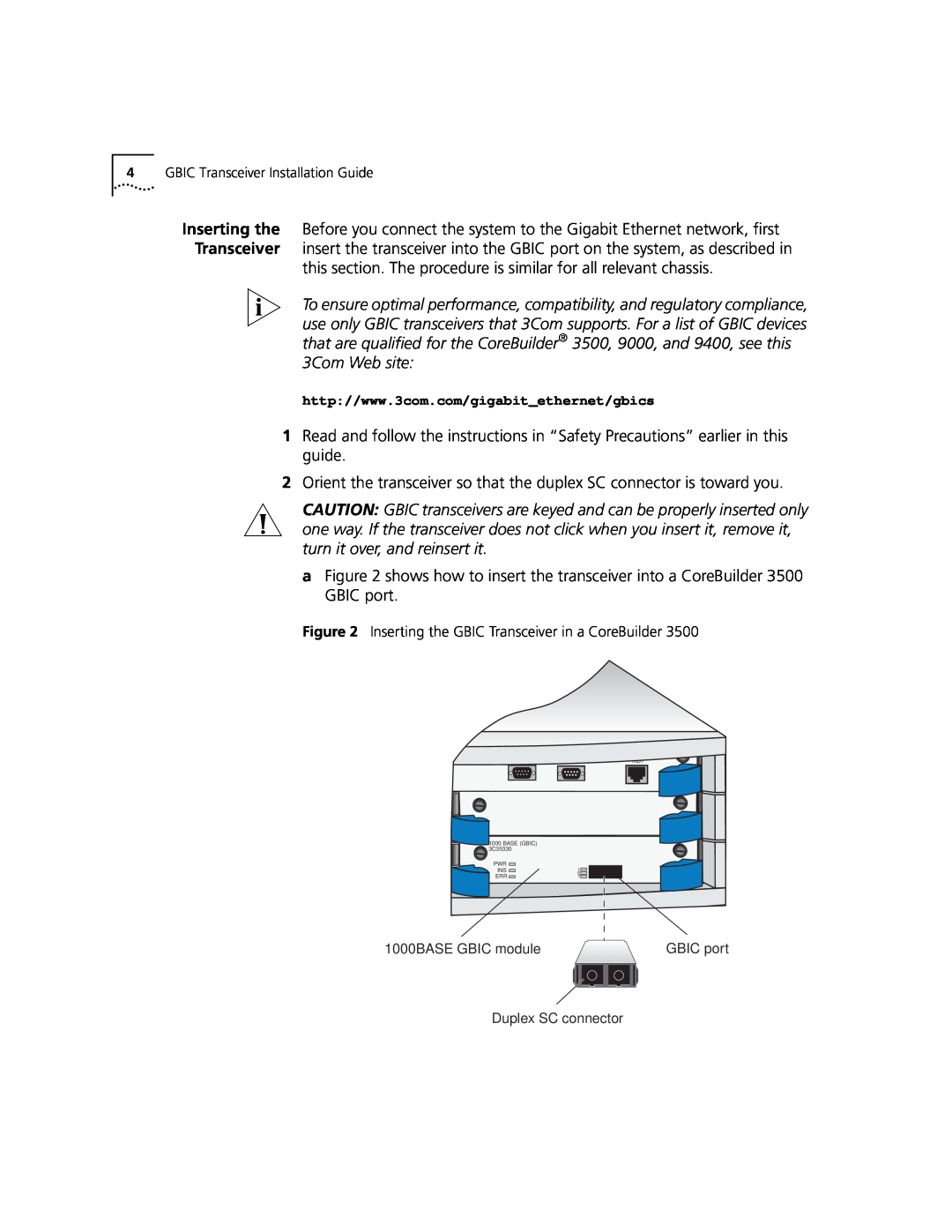 3Com 1000BASE-SX manual 4GBIC Transceiver Installation Guide 