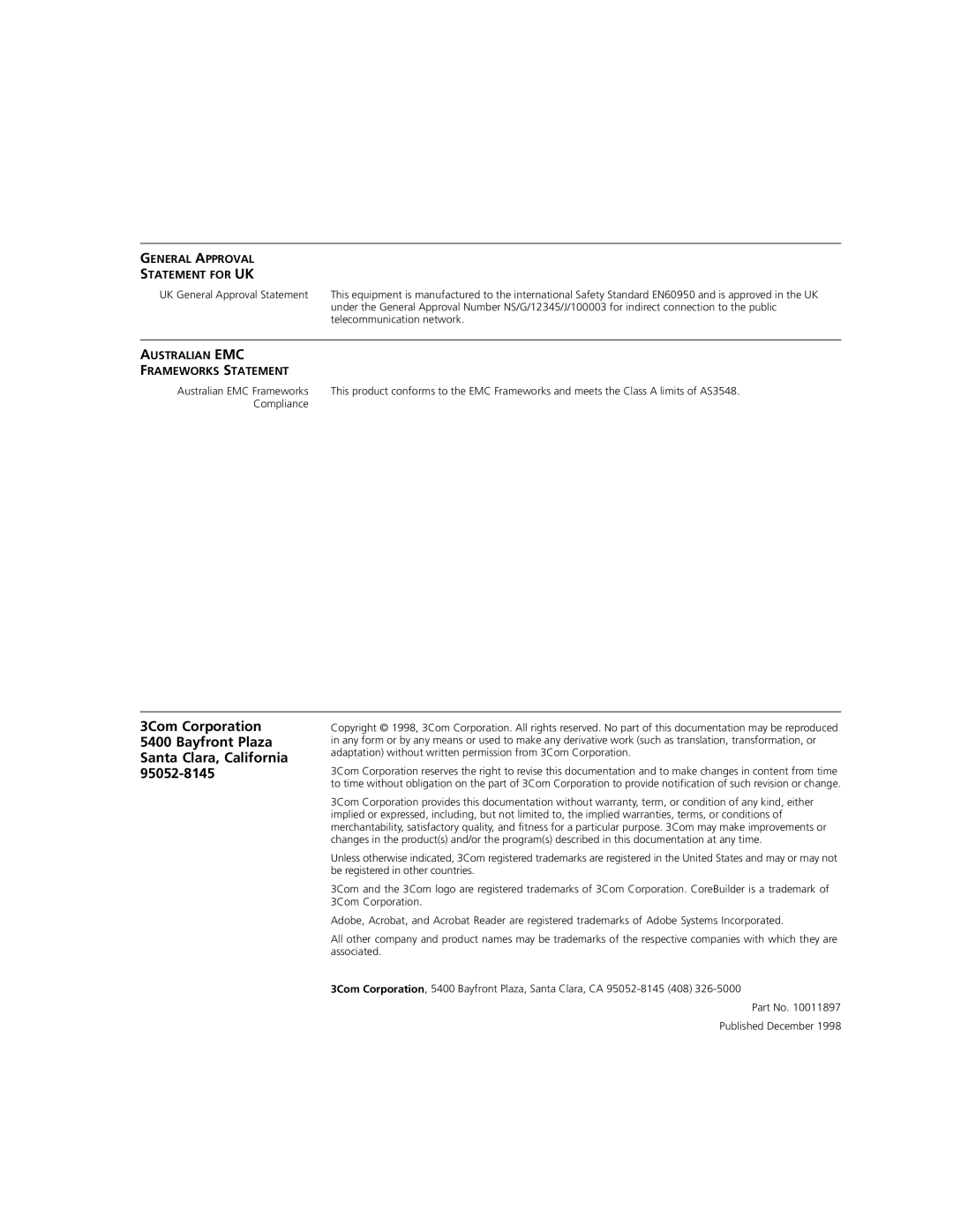 3Com 1000BASE-SX quick start General Approval Statement For Uk, Australian Emc, Frameworks Statement 