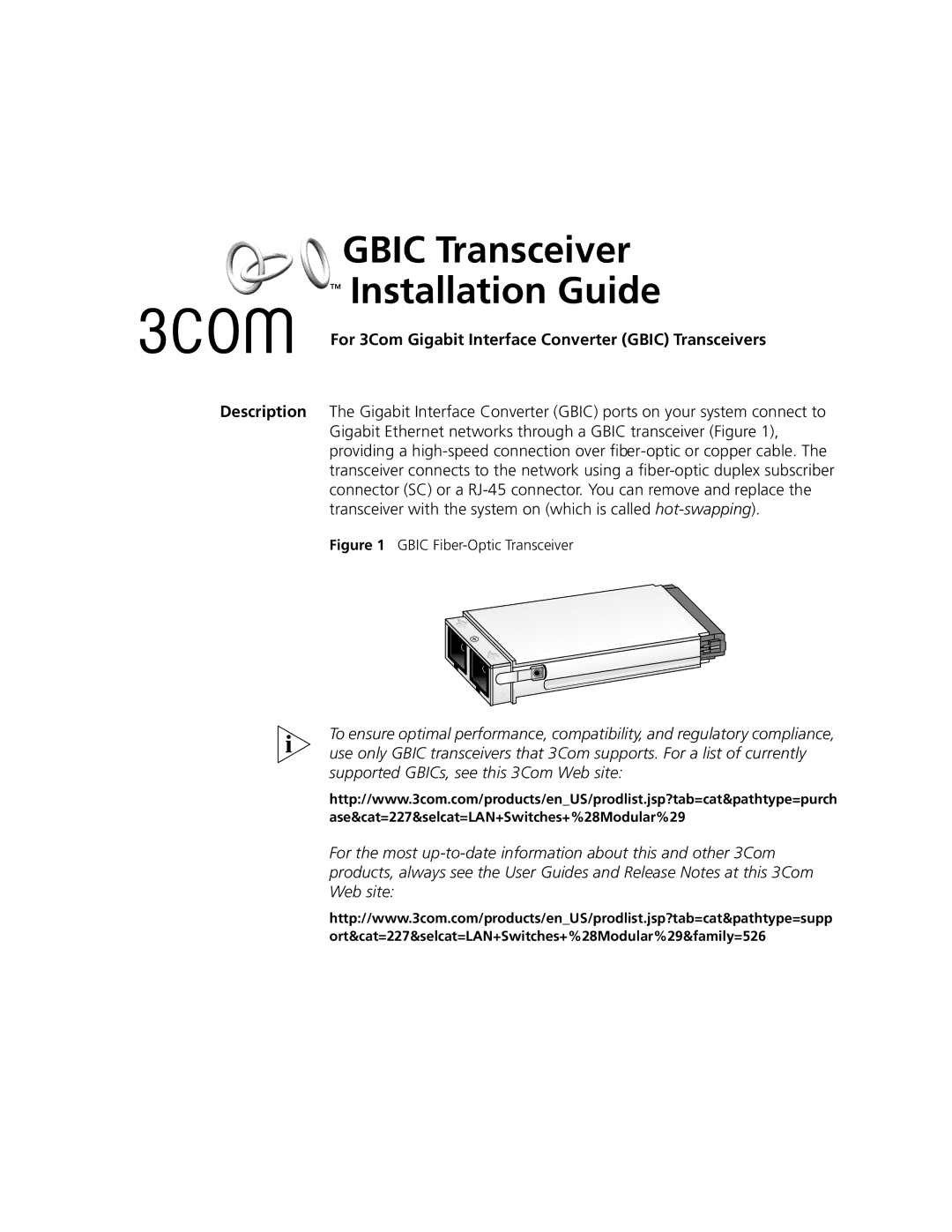 3Com 1000BASE-T-GBIC manual Gbic Transceiver Installation Guide, For 3Com Gigabit Interface Converter Gbic Transceivers 