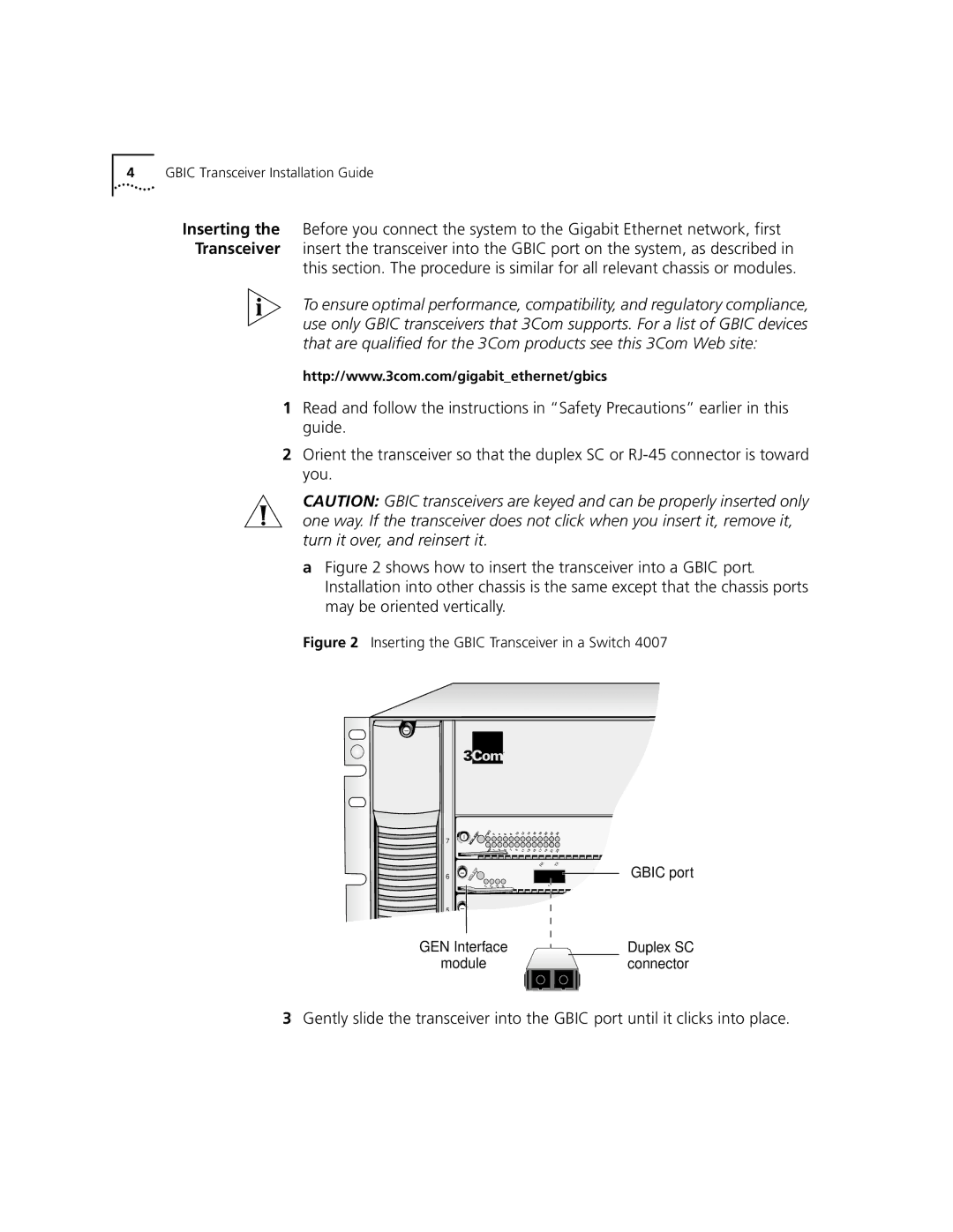 3Com 1000BASE-T-GBIC manual Inserting the Gbic Transceiver in a Switch 