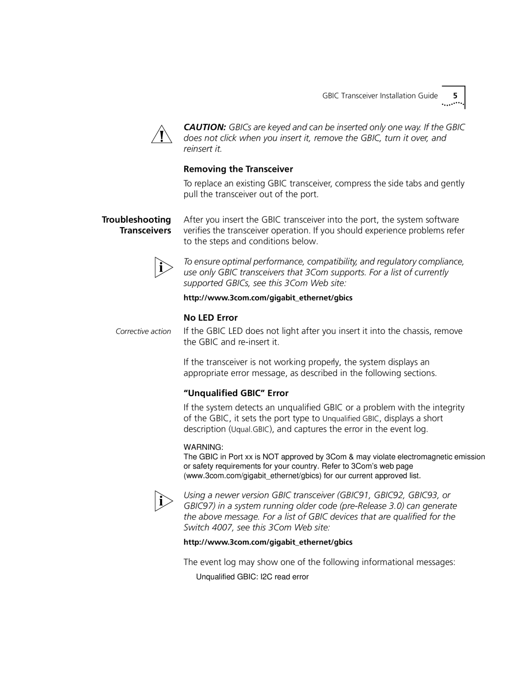 3Com 1000BASE-T-GBIC manual Removing the Transceiver, No LED Error, Unqualified Gbic Error 