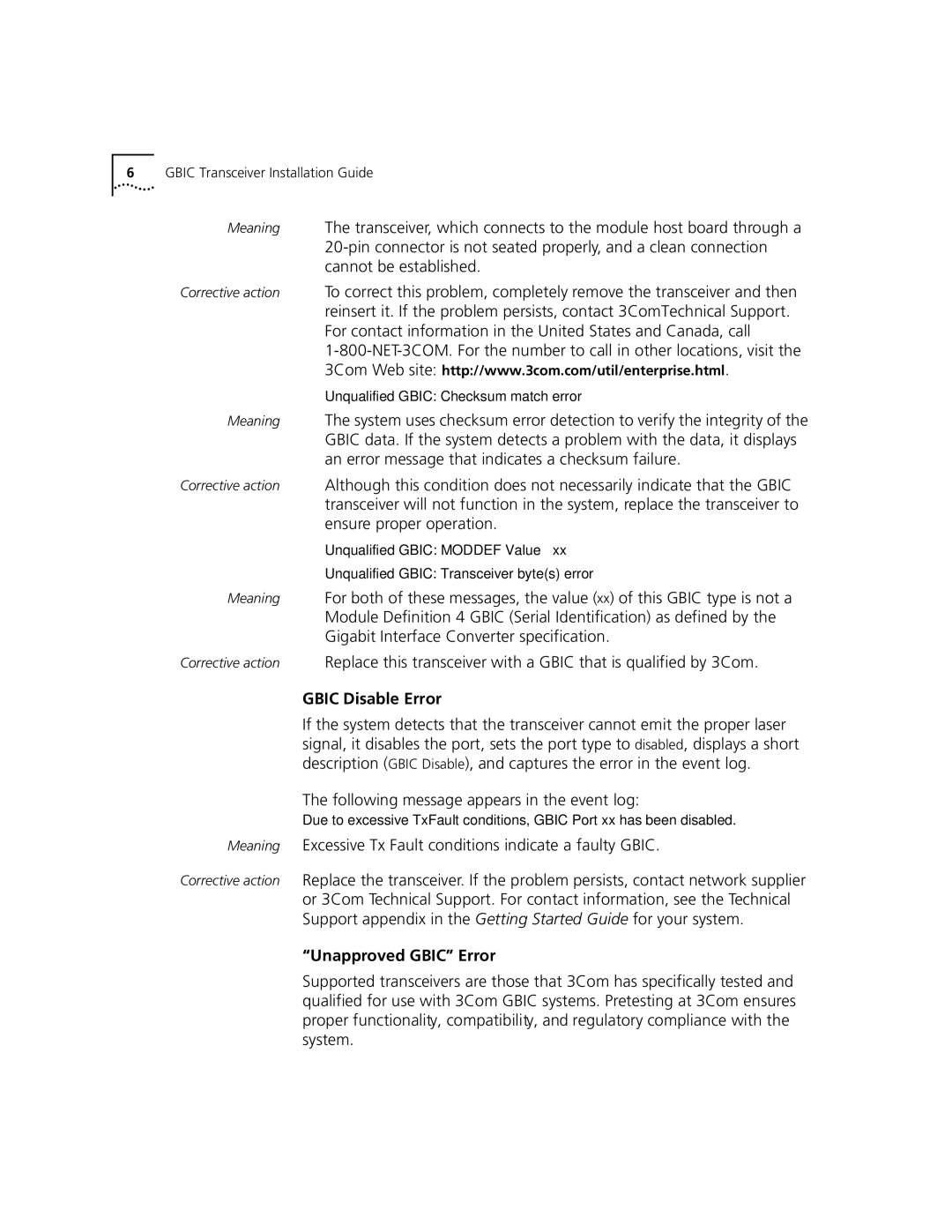 3Com 1000BASE-T-GBIC manual Gbic Disable Error, Unapproved Gbic Error 