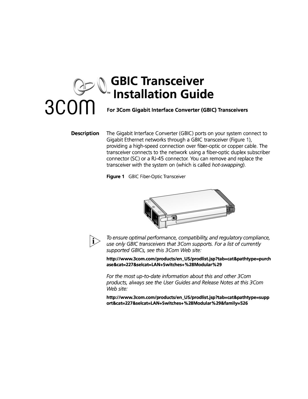 3Com 1000BASE-T-GBIC manual GBIC Transceiver Installation Guide 