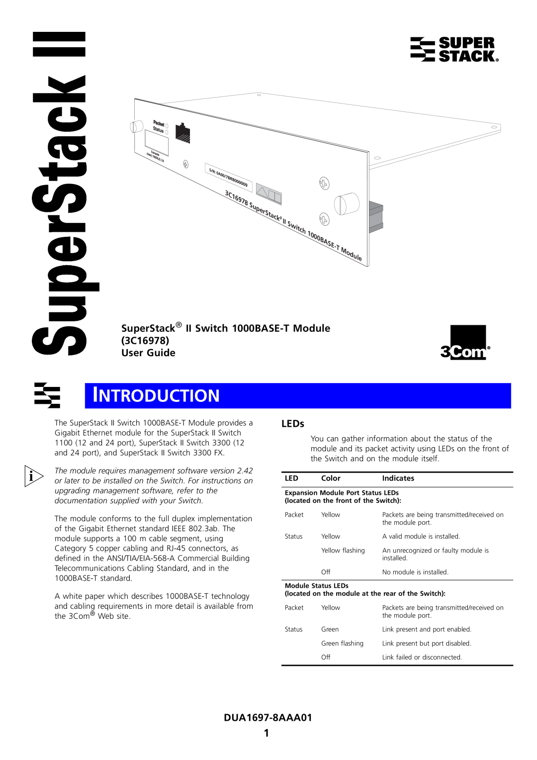 3Com manual Introduction, SuperStack II Switch 1000BASE-T Module 3C16978 User Guide, LEDs, DUA1697-8AAA01 