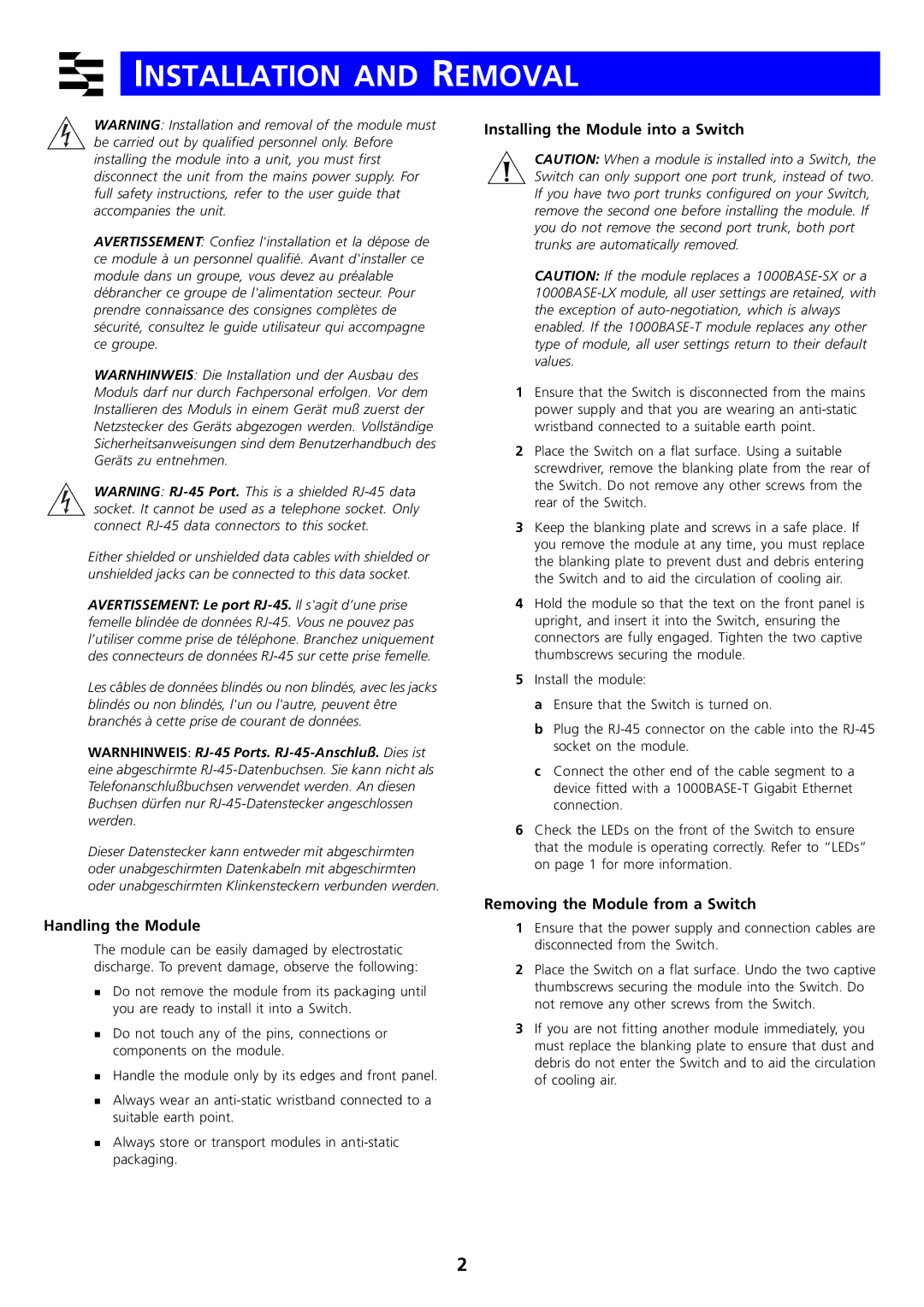 3Com 1000BASE manual Installation and Removal, Installing the Module into a Switch, Handling the Module 