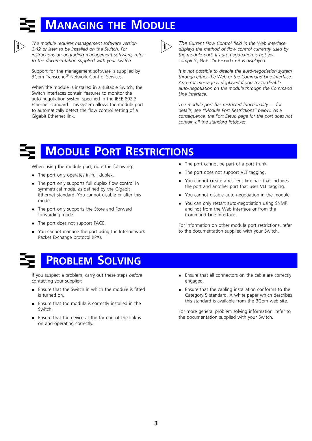 3Com 1000BASE manual Managing the Module, Module Port Restrictions, Problem Solving 