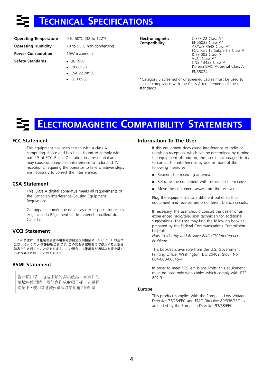 3Com 1000BASE manual Technical Specifications, Electromagnetic Compatibility Statements, FCC Statement, CSA Statement 