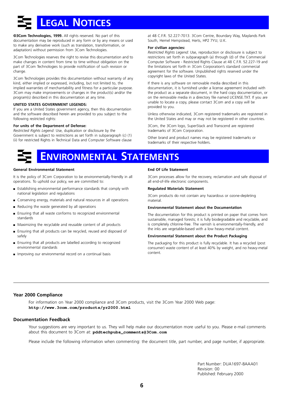 3Com 1000BASE manual Legal Notices, Environmental Statements, Year 2000 Compliance, Documentation Feedback 