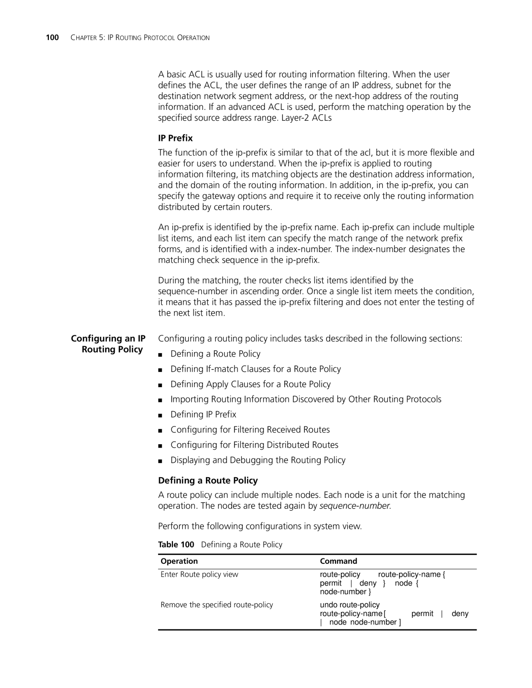 3Com 10014298 manual IP Prefix, Defining a Route Policy, Permit deny node, Undo route-policy 