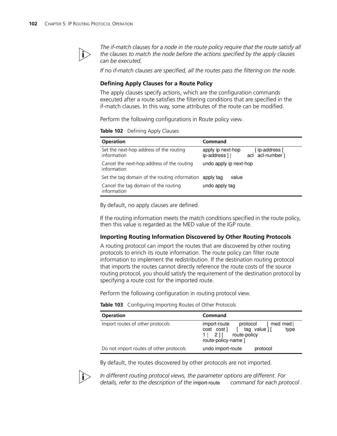 3Com 10014298 manual Defining Apply Clauses for a Route Policy, Configuring Importing Routes of Other Protocols 