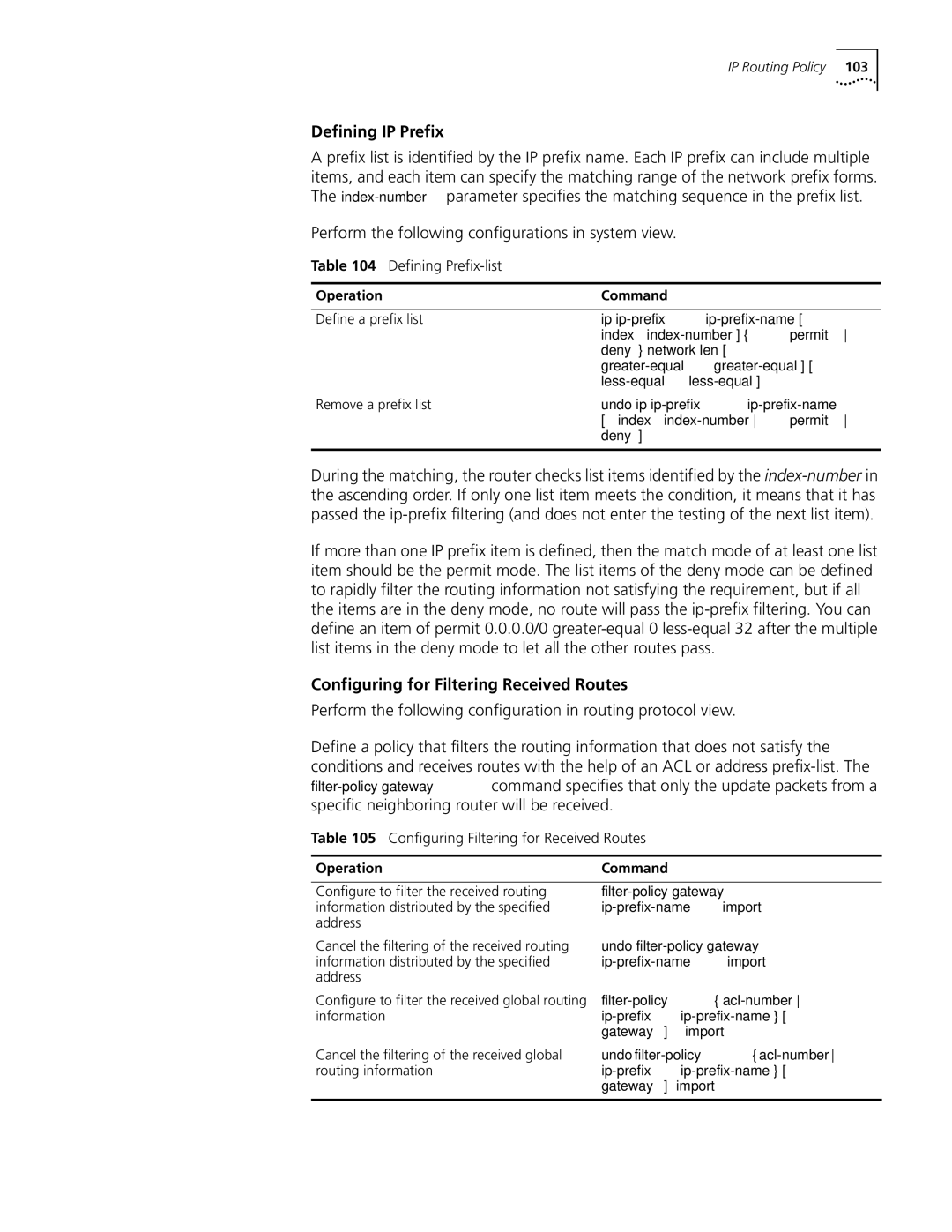 3Com 10014298 manual Defining IP Prefix, Configuring for Filtering Received Routes, Defining Prefix-list 