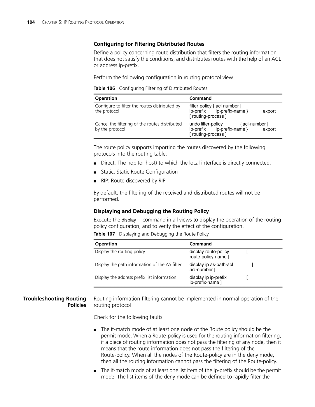 3Com 10014298 manual Configuring for Filtering Distributed Routes, Displaying and Debugging the Routing Policy 