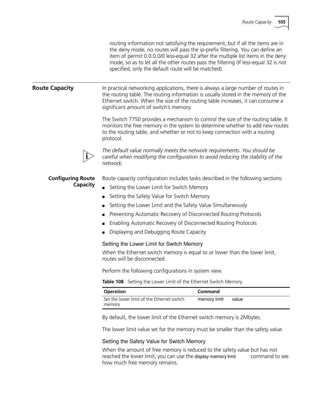 3Com 10014298 manual Configuring Route Capacity, Setting the Lower Limit for Switch Memory 