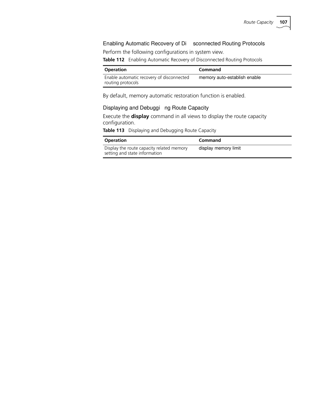 3Com 10014298 manual Displaying and Debugging Route Capacity, Operation Command Enable automatic recovery of disconnected 