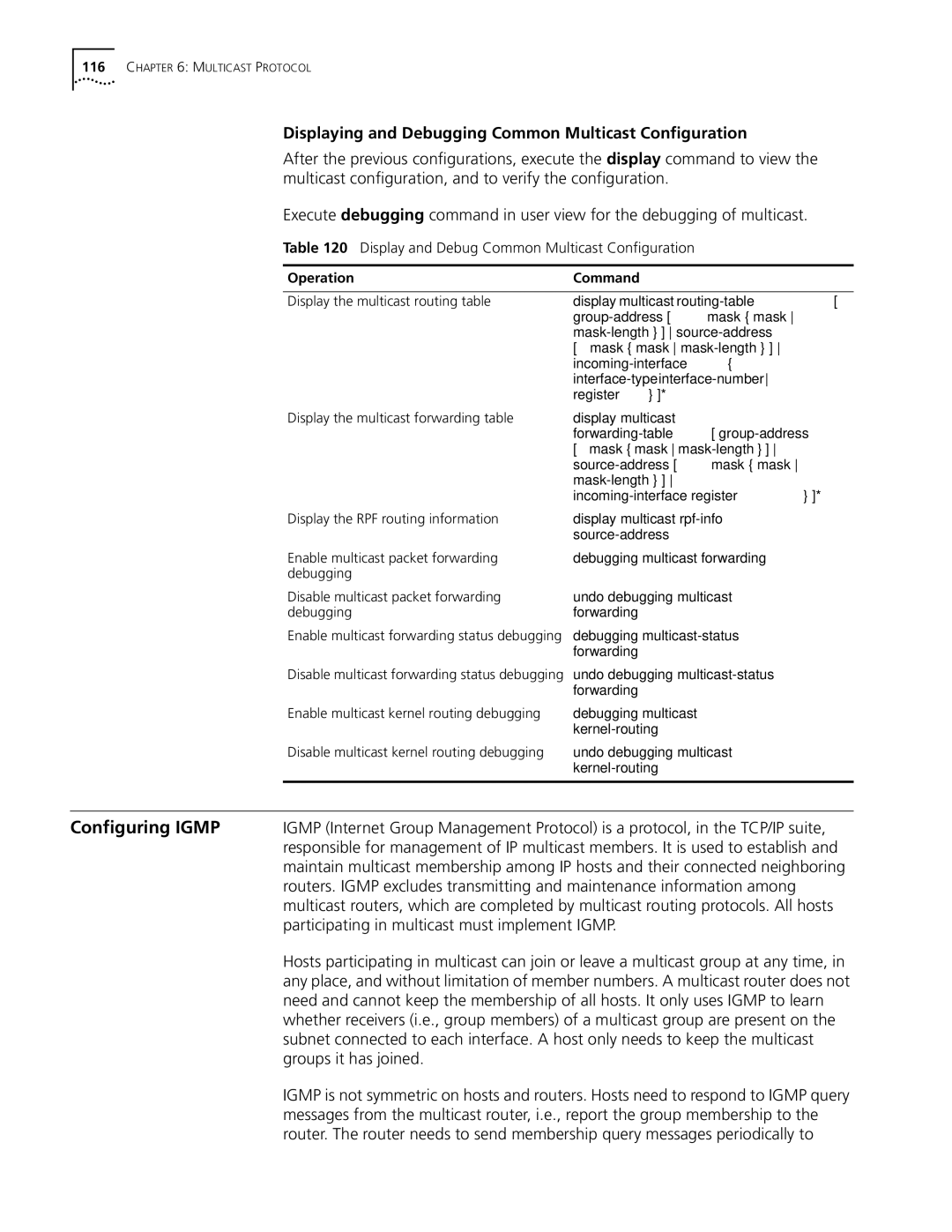 3Com 10014298 manual Configuring Igmp, Displaying and Debugging Common Multicast Configuration, Groups it has joined 