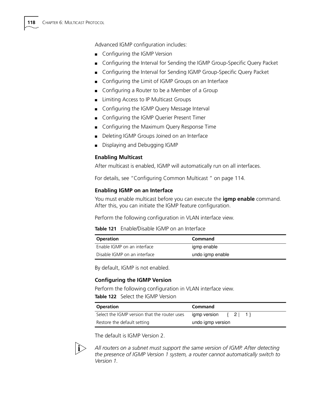 3Com 10014298 manual Enabling Igmp on an Interface, By default, Igmp is not enabled, Configuring the Igmp Version 