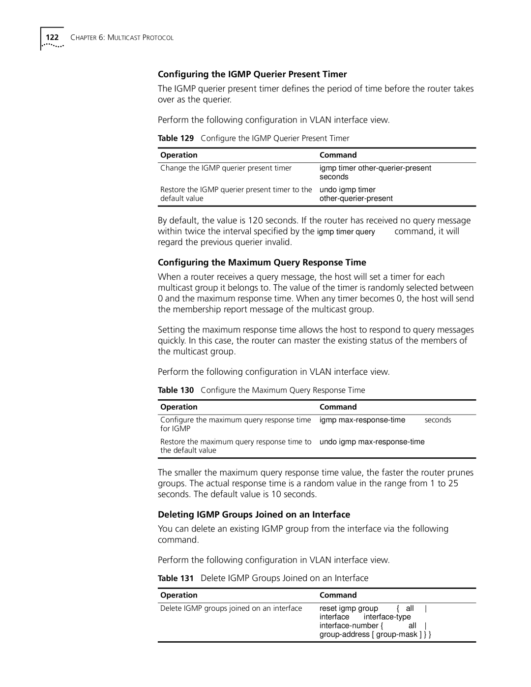 3Com 10014298 manual Configuring the Igmp Querier Present Timer, Configuring the Maximum Query Response Time 