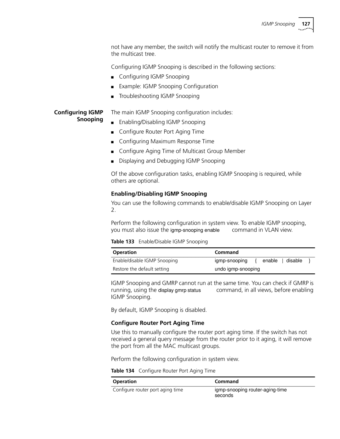 3Com 10014298 manual Enabling/Disabling Igmp Snooping, Configure Router Port Aging Time 