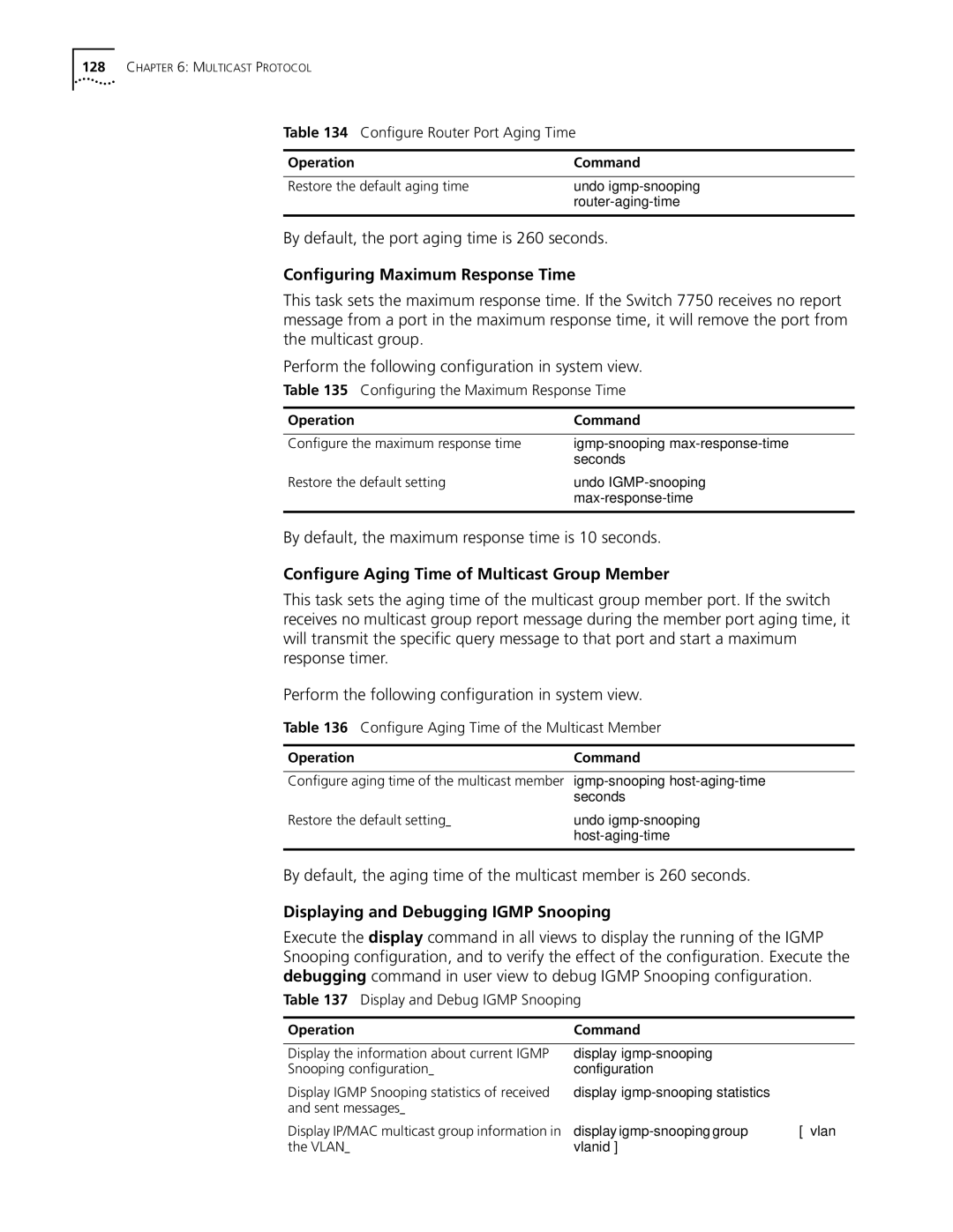 3Com 10014298 manual By default, the port aging time is 260 seconds, Configuring Maximum Response Time 