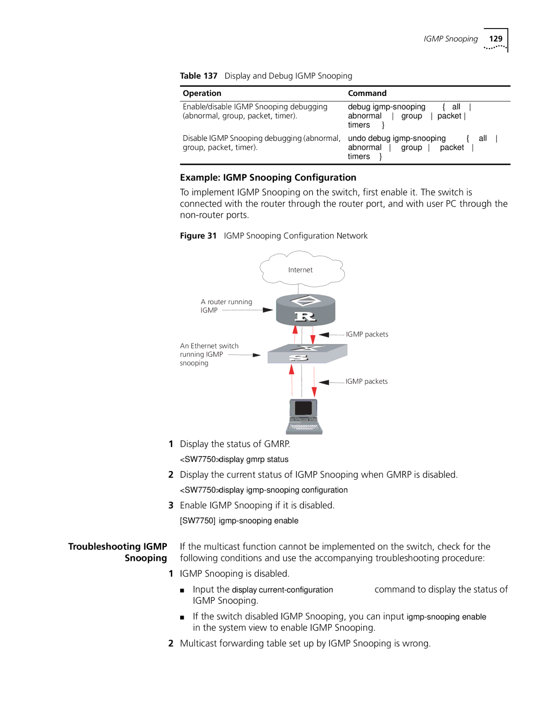 3Com 10014298 Example Igmp Snooping Configuration, Display the status of Gmrp, Enable Igmp Snooping if it is disabled 