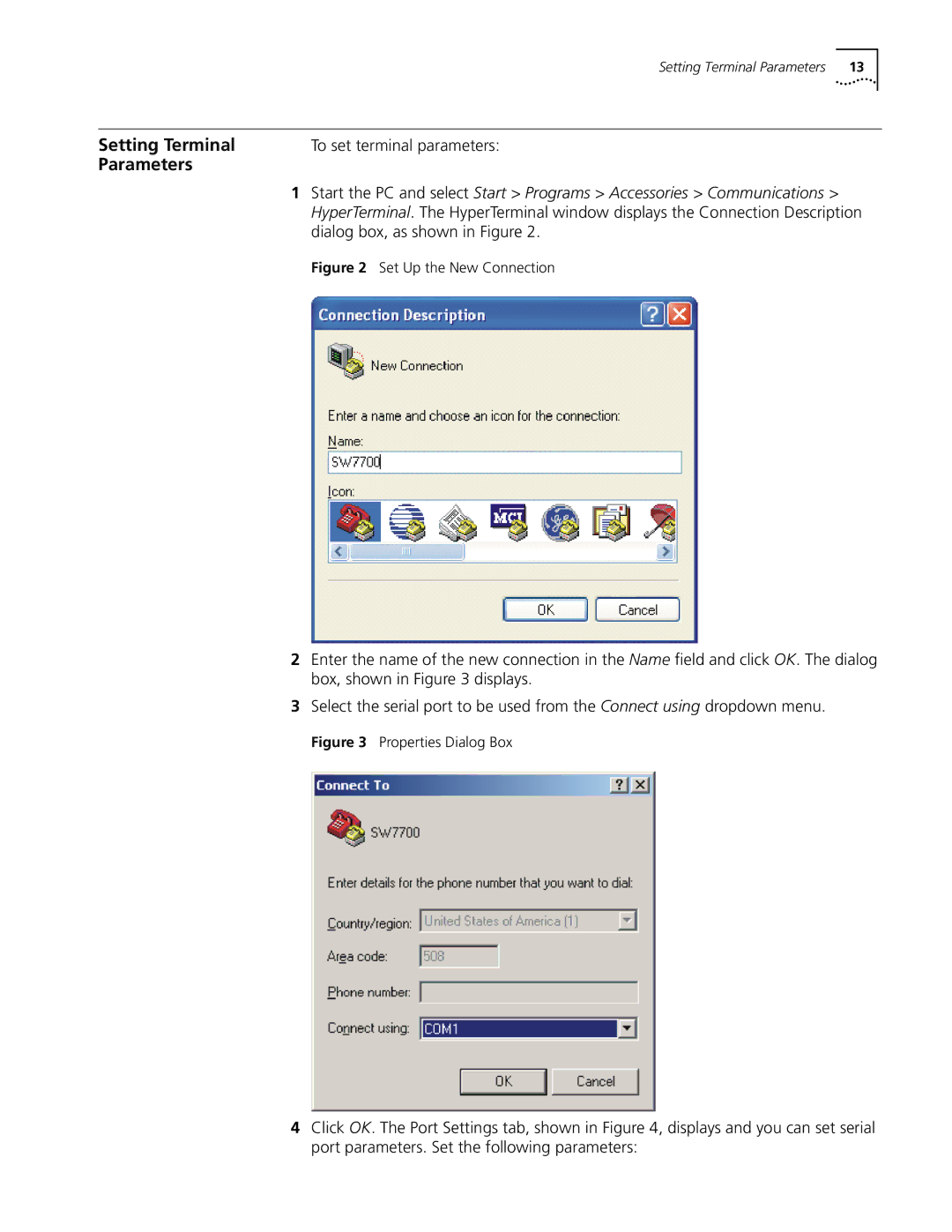 3Com 10014298 manual Setting Terminal, Parameters, To set terminal parameters, Dialog box, as shown in Figure 