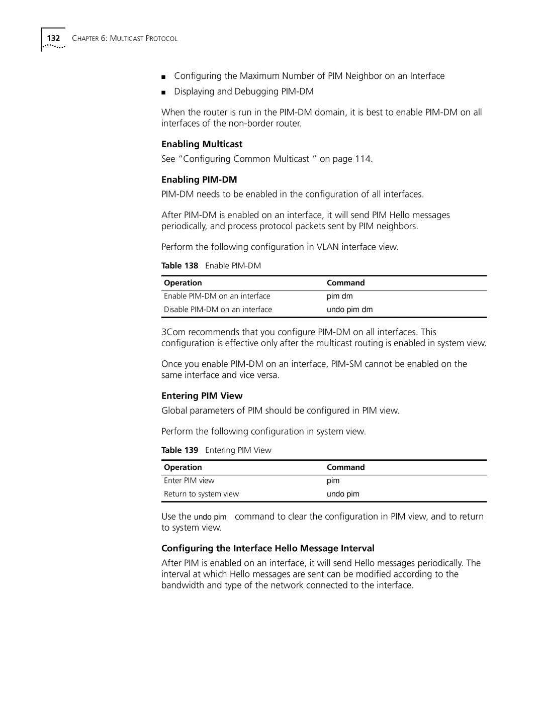 3Com 10014298 manual See Configuring Common Multicast on, Enabling PIM-DM, Entering PIM View 