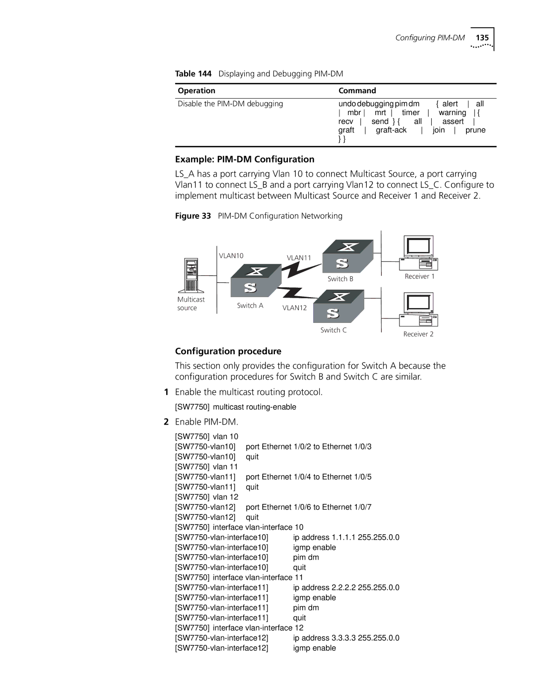 3Com 10014298 Example PIM-DM Configuration, Configuration procedure, Enable the multicast routing protocol, Enable PIM-DM 