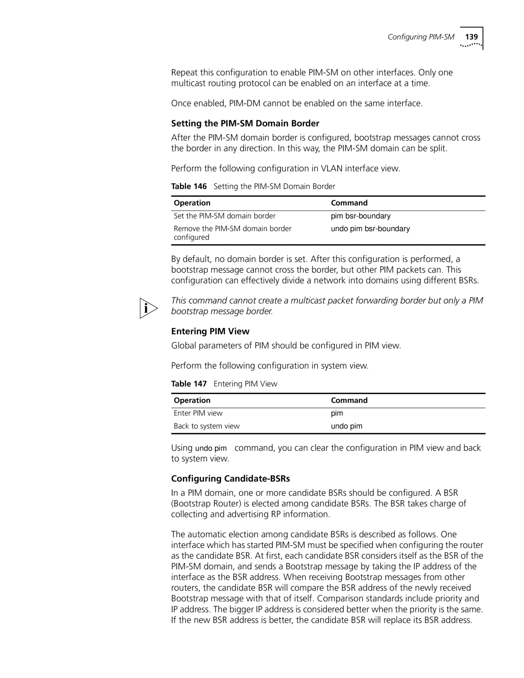 3Com 10014298 manual Setting the PIM-SM Domain Border, Configuring Candidate-BSRs, Pim bsr-boundary, Undo pim bsr-boundary 