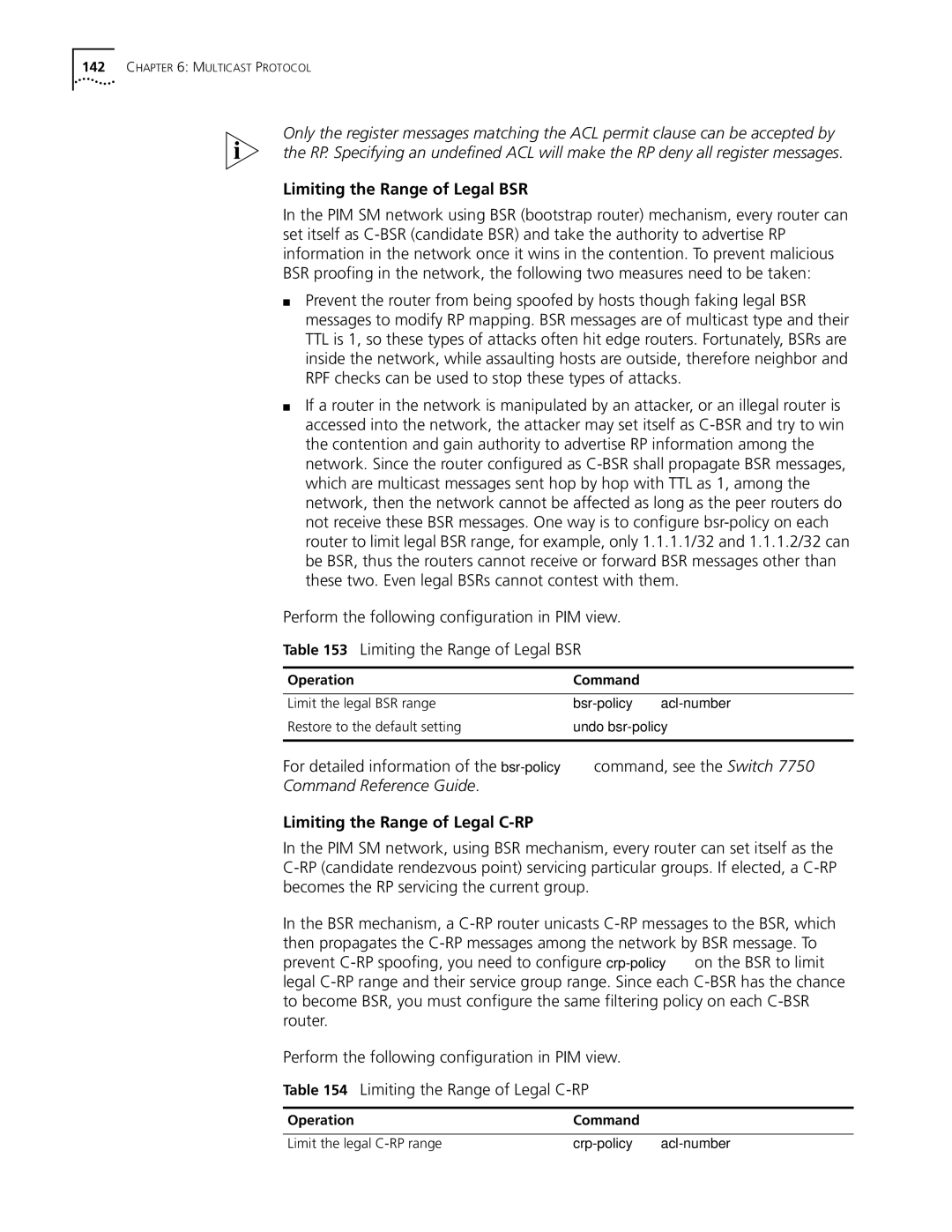 3Com 10014298 Limiting the Range of Legal BSR, Limiting the Range of Legal C-RP, Bsr-policy acl-number, Undo bsr-policy 