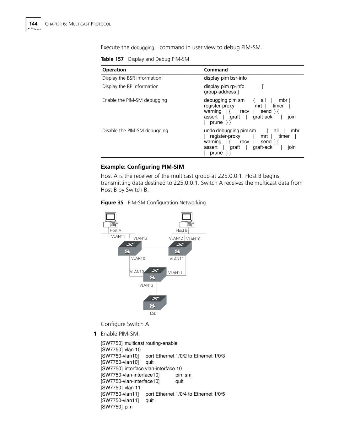 3Com 10014298 manual Execute the debugging command in user view to debug PIM-SM, Example Configuring PIM-SIM 