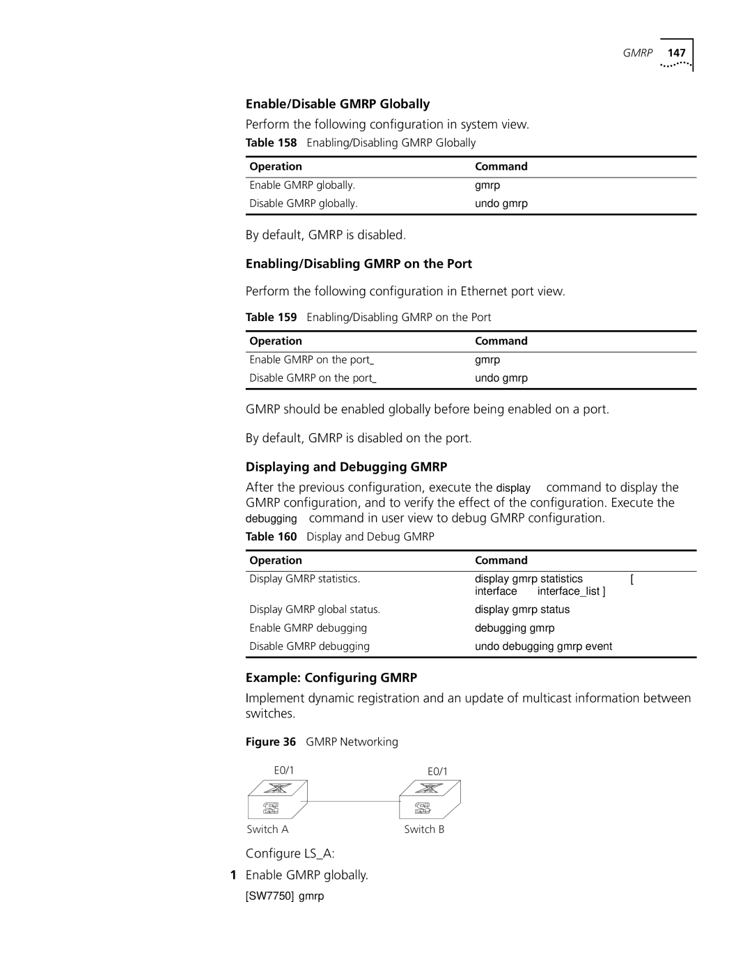 3Com 10014298 manual Enable/Disable Gmrp Globally, Enabling/Disabling Gmrp on the Port, Displaying and Debugging Gmrp 