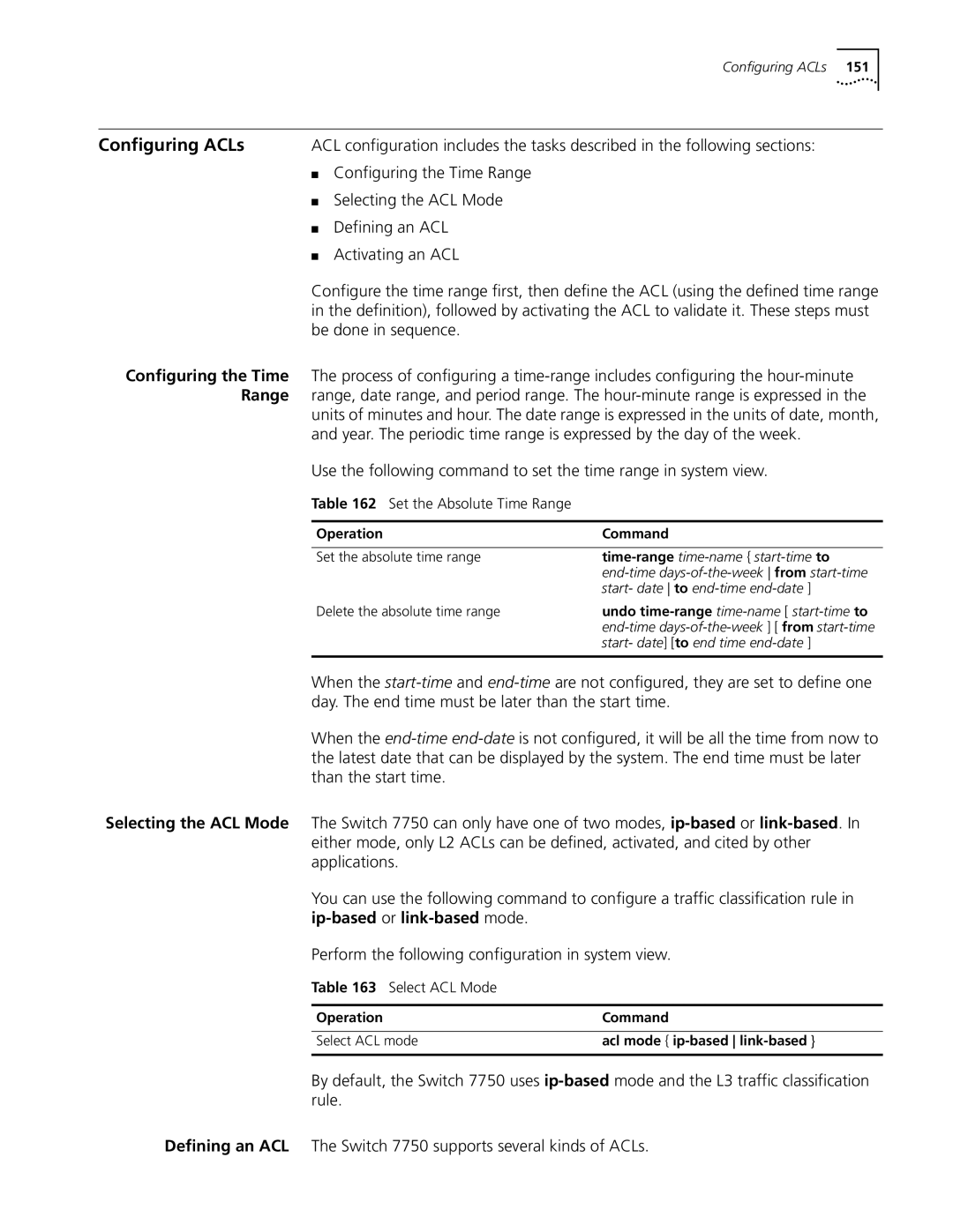 3Com 10014298 manual Configuring ACLs, Be done in sequence, Configuring the Time, Range 