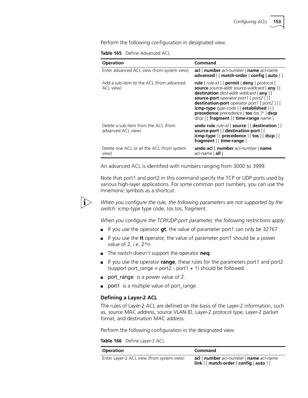 3Com 10014298 manual Perform the following configuration in designated view, Defining a Layer-2 ACL, Define Advanced ACL 