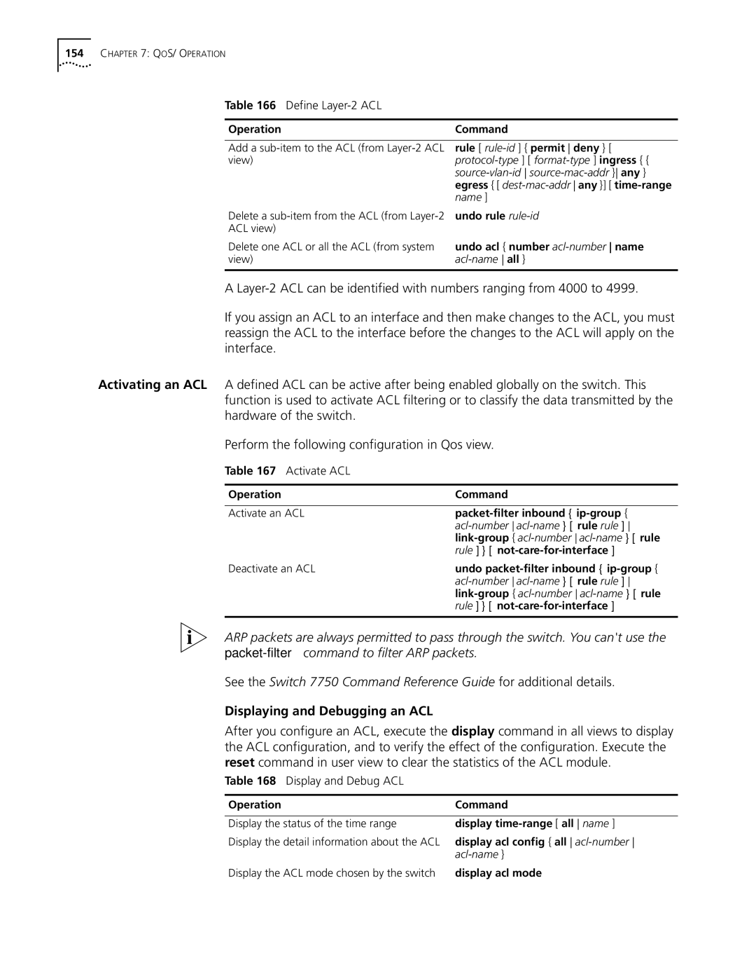 3Com 10014298 manual Displaying and Debugging an ACL, Activate ACL 