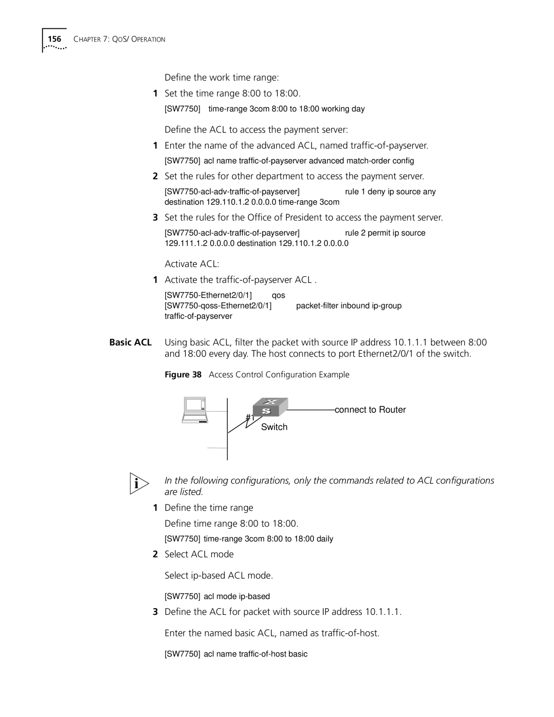 3Com 10014298 Define the work time range Set the time range 800 to, Activate ACL Activate the traffic-of-payserver ACL 