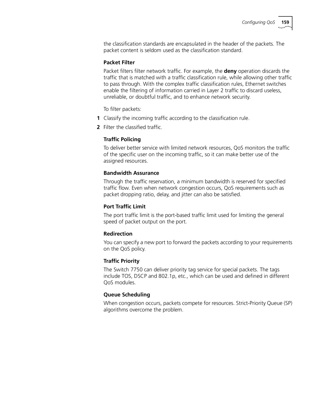 3Com 10014298 Packet Filter, Traffic Policing, Bandwidth Assurance, Port Traffic Limit, Redirection, Traffic Priority 