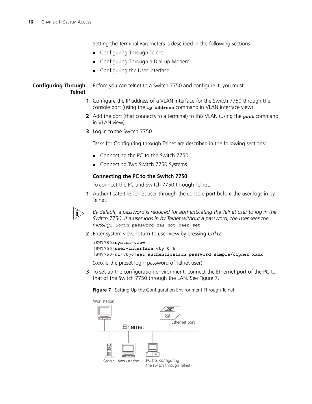 3Com 10014298 manual Telnet, Connecting the PC to the Switch, Enter system view, return to user view by pressing Ctrl+Z 