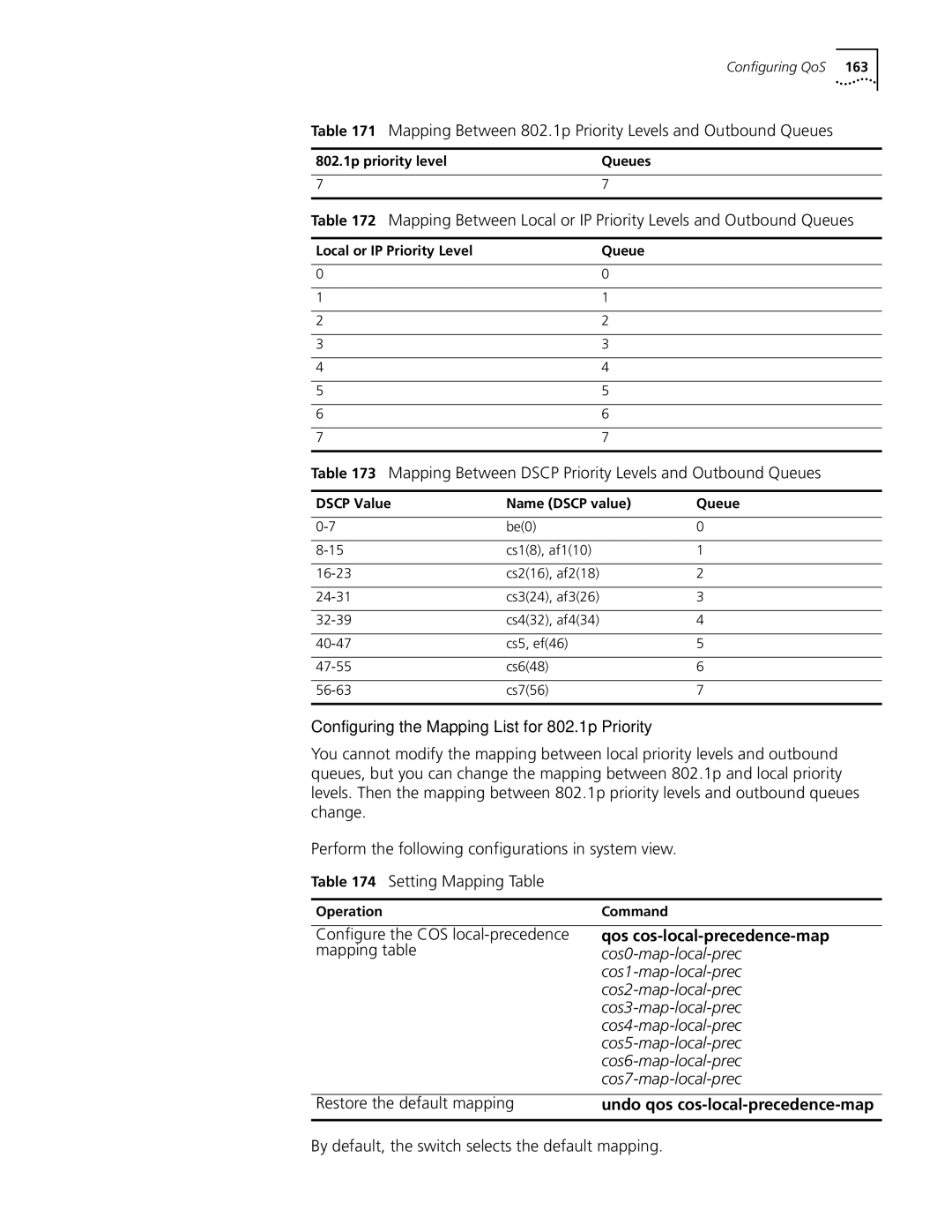 3Com 10014298 Mapping Between Dscp Priority Levels and Outbound Queues, Configure the COS local-precedence mapping table 