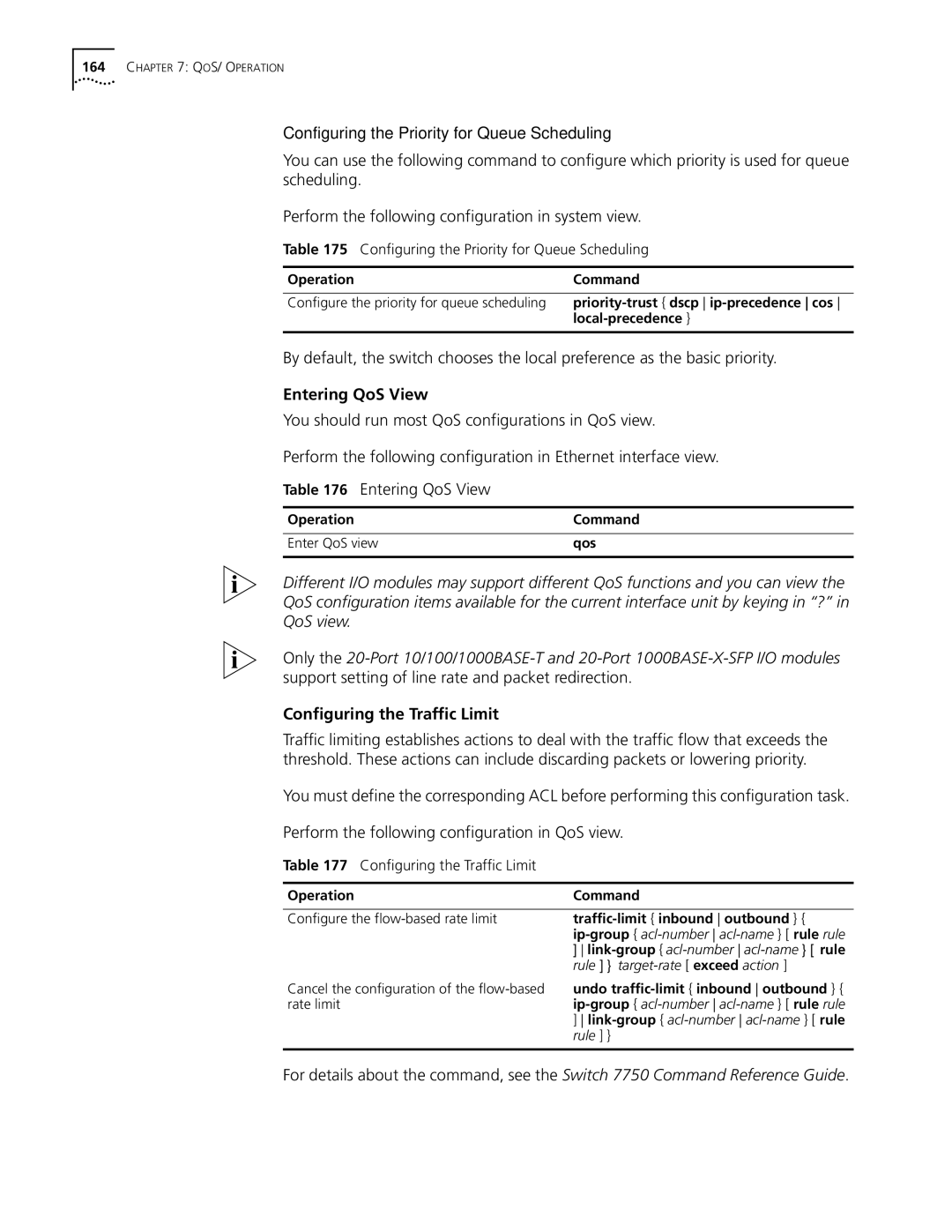 3Com 10014298 manual Entering QoS View, Configuring the Traffic Limit, Configuring the Priority for Queue Scheduling 