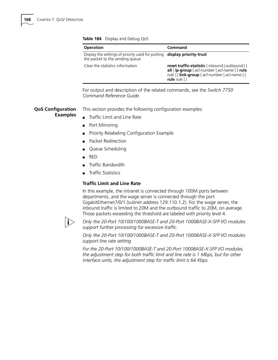 3Com 10014298 manual Traffic Bandwidth Traffic Statistics, Traffic Limit and Line Rate, Display priority-trust 