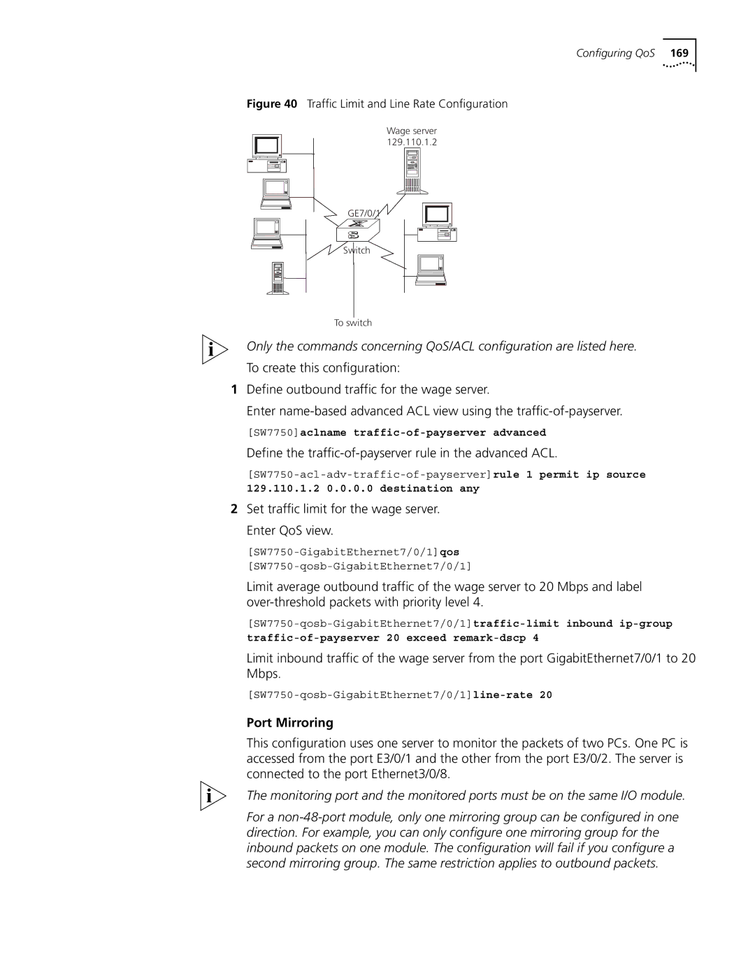 3Com 10014298 manual Define the traffic-of-payserver rule in the advanced ACL, Port Mirroring 